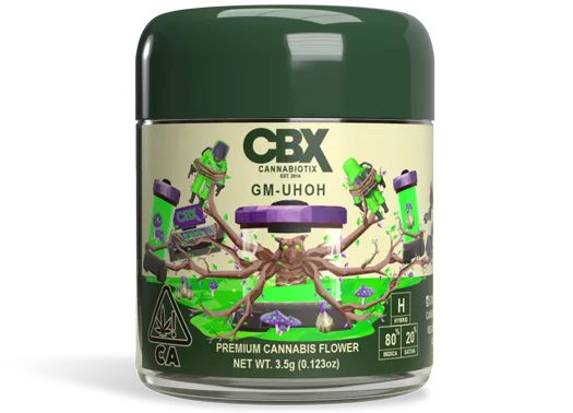 CBX Cannabiotix GM-UHOH premium cannabis flower jar with green lid, featuring illustrated label design and 3.5g.