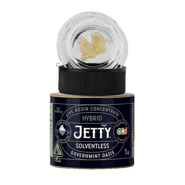 Jetty Solventless Live Rosin Concentrate Governmint Oasis Hybrid 1g jar, premium cannabis extract made with ice and water.